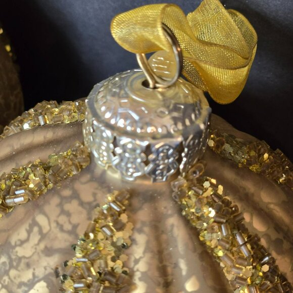 Frontgate Gold Glass Christmas Ornaments Set 2 Beaded Ribbed Crackle Finish 4" - Picture 3 of 7